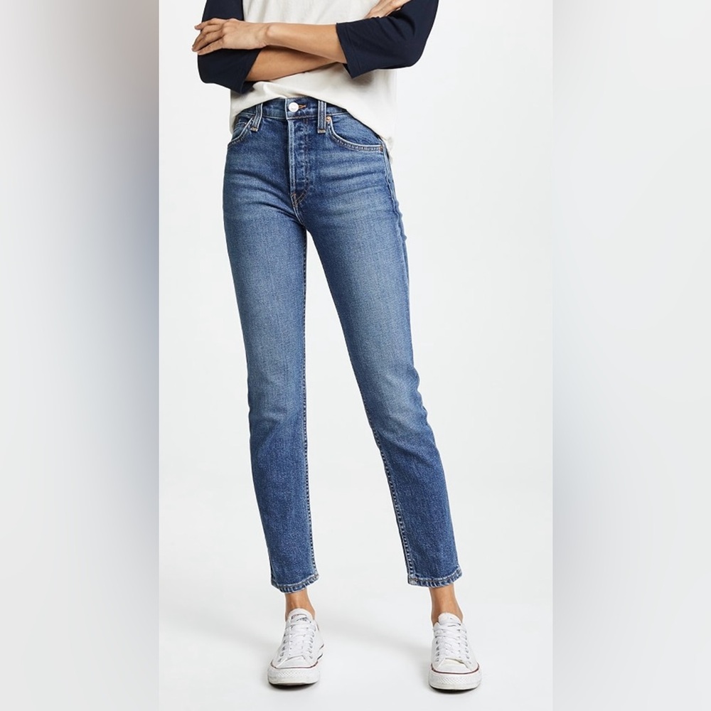 Redone Comfort Stretch High Rise Ankle Crop with raw hem, mid 70’s,  size 28